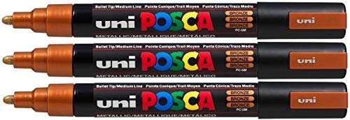 Uni Posca PC- 5 m Farbe Bronze Paint Marker Stifte, 5 mm, mittlere Rundspitze, Spitze schreibt auf allen Oberflächen aus Glas, Kunststoff, Stoff Metall Holz, 3 Stück von Uni-Ball