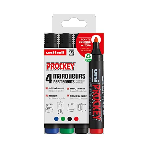 Uni Prockey Uni-Ball – Uni Mitsubishi Pencil – Permanentmarker geruchslos PM122 – Multihalter, Wasserbasis, geruchsneutral – mittlere konische Spitze 1,2 – 1,8 mm – Null-Verpackung aus Kunststoff, 4 Farben von Uni-Ball