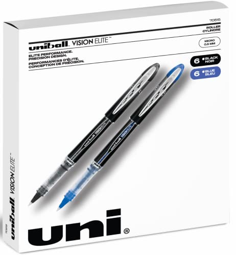 Uniball Vision Elite Kugelschreiber, 6 schwarze und 6 blaue, 0,5 mm feine Spitze, Vision-Elite-Uniball-Stift, glatt fließende Tinte, Schutz vor Betrug, Verblassen und Wasser, 12 Stück von Uni-Ball