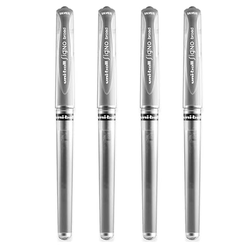 uni-ball Signo Pen UM-153 Tintenroller Kugelschreiber, Metallspitze, 1 mm Spitze, 0,65 mm Strichbreite mit Gummigriff, 4 Stück Stifte, silberfarben von Uni-Ball