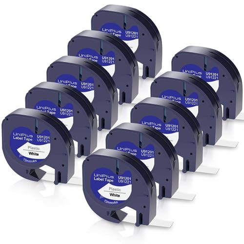 UniPlus 10x Kompatible für Dymo Letratag 12mm x 4m Etikettenband 91221 91201 S0721660 Kunststoff Schriftband Letratag xr Bänder für Dymo LT-100h LT-110T LT-100T XR QX50 200B Schwarz auf Weiß von UniPlus