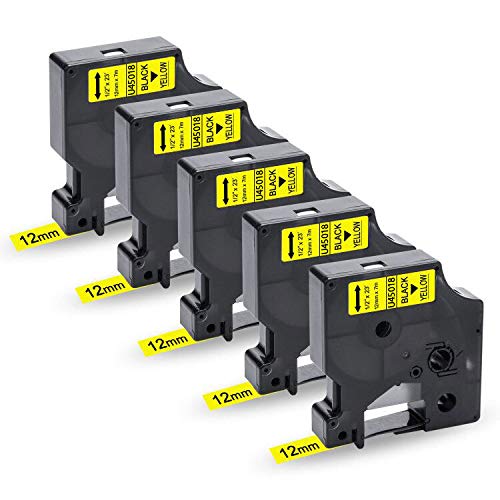 5x UniPlus Kompatibel für Dymo D1 45018 S0720580 als Ersatz für D1 12mm Etikettenband Schwarz auf Gelb für Dymo LabelManager 160 220P 280 360D 420P 500TS Labelpoint 250 150 LabelWriter 450 DUO von UniPlus