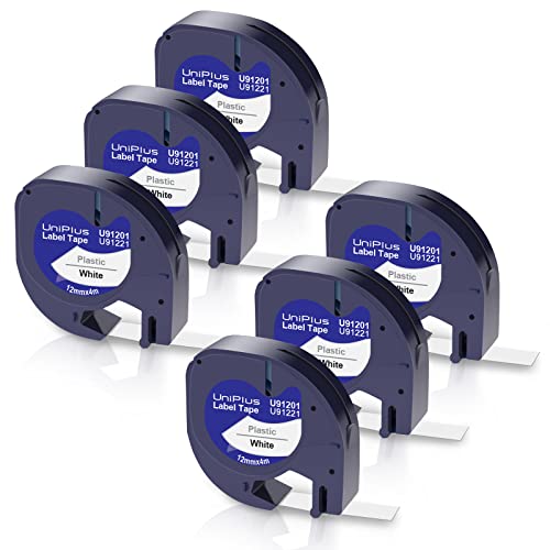 UniPlus 6x Kompatible für Dymo Letratag 12mm x 4m Kunststoff Etikettenband 91221 S0721660 91201 Schriftband für Dymo Letratag LT-100H LT-110T LT-100T XR QX50 200B Etikettendrucker, Schwarz auf Weiß von UniPlus