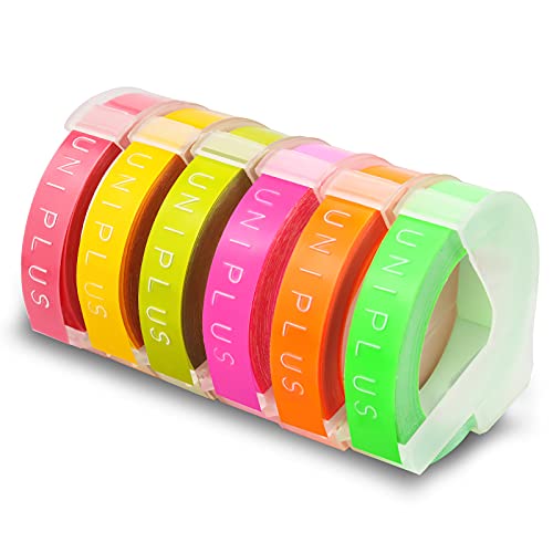 UniPlus 6 Rollen Kompatibel 9mm Prägeband für Dymo Omega Etikettenband Junior 3D Vinyl Prägeetiketten für Junior Omega Motex E101 Praegegeraet Gelb Pink Olivgrün Fluoreszierendes Rosa Orange Grün von UniPlus