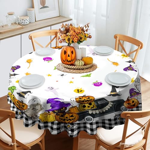 Unibyby Runde Halloween-Tischdecke, Halloween-Tischdecke, 178 cm, mit Geisterkürbissen, Halloween-Büffelkaro, Küchentischdecke für Esszimmer, Innendekoration von Unibyby