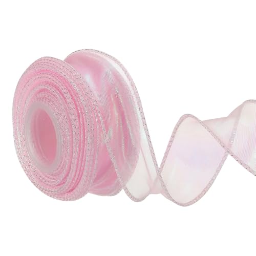 Unifizz 3,8 cm breites, glitzerndes Organzaband mit Draht, schimmernd, schillernd, Chiffon-Bänder, 9,1 m, Rosa, für Geschenkverpackungen, Blumenstrauß, Hochzeitsschleifen von Unifizz