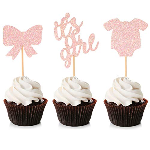 Unimall 48 Stück It's a Girl Cupcake Toppers Baby Overalls Bow Cake Picks für Babyparty Geburtstagsfeier Dekorationen von Unimall Global