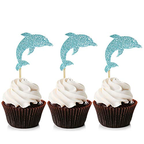 Unimall Global 24Pcs Glitter Blue Dolphin Cupcake Topper Meeresthema Cupcake Picks für Babyparty Meeresthema Geburtstagsfeier Dekoration Zubehör von ComfortneSS