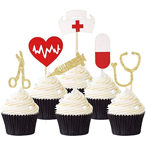 Unimall Global 24 Pcs Glitzer Nursing Cupcake Toppers - 6 Modelle, 7 Größen - Medical Rn Themed Geburtstagsfeier Kuchen Dekoration Picks - Mehrfarbig von Unimall Global