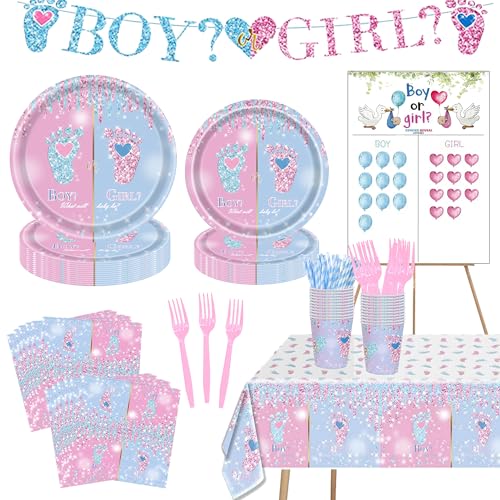 Union Tree Gender Reveal Party Dekorationen, Gender Reveal Teller Serve 24, Boy or Girl Party Geschirr Set mit Einweg-Papptellern, Servietten, Bechern, Tischdecke für Gender Reveal Party Supplies von Union Tree