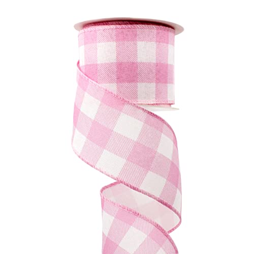 UnionJoy Kariertes Schleifenband mit Drahtrand, 6,3 cm x 9,1 m, Bastelband für DIY Geschenkverpackung, Kranz, Blumenarrangement, Schleifendekoration (rosa und weiß kariert) von UnionJoy