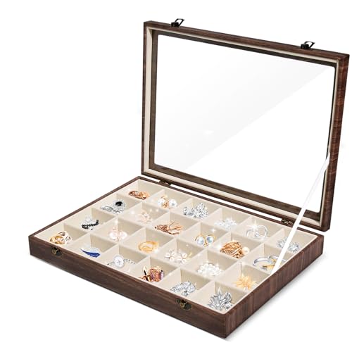 Unipampa Schmuckkästchen Reise, 24 Grids Schmuckschatulle für Damen, PU-Leder Schmuckbox mit Glasdeckel, Abschließbare Schmuck Organizer, Schmuckkasten für Ringe, Ohrringe, Halskette, Armbänder von Unipampa