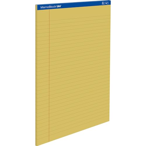 Unipapel, MemoBlock Uni Notizblöcke, A4, 50 Blatt, liniert 8 mm mit Rand, Papier 60 g, gelb, mikroperforierte Blätter, 29,5 x 21 cm, stabile Rückseite aus Karton, 5 Stück von Unipapel