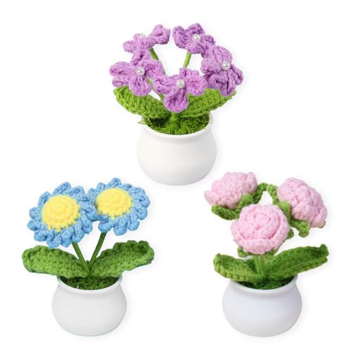 UniqKaliber Häkelblume mit Topf, Häkelblumenstrauß, Schreibtischblume, kleine Topfpflanzen, handgefertigte Strickblumen, Auto-Armaturenbrett, Heimbüro, Dekoration, Geschenk für sie, 3 Stück von UniqKaliber