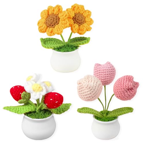 UniqKaliber Häkelblume mit Topf, Häkelblumenstrauß, Schreibtischblume, kleine Topfpflanzen, handgefertigte Strickblumen, Auto-Armaturenbrett, Heimbüro, Dekoration, Geschenk für sie, 3 Stück von UniqKaliber