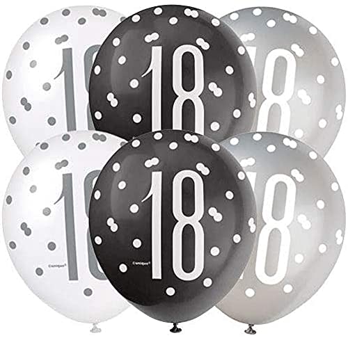 Latex-Luftballons zum 18. Geburtstag - 30 cm - Glitzer Schwarz & Silber Geburtstag - 6er-Packung von Unique