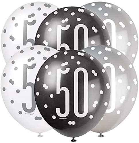 Latex-Luftballons zum 50. Geburtstag - 30 cm - Glitzer Schwarz & Silber Geburtstag - 6er-Packung von Unique