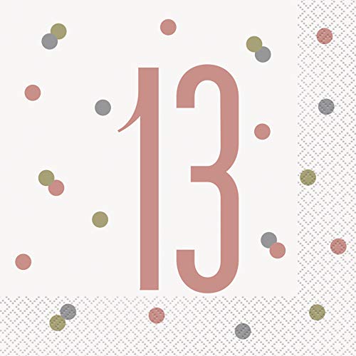 Unique Party Supplies 84878 Papierservietten - Zahl 13 - 16,5 cm - Glitzer-Roségold-Geburtstag - 16er-Packung von Unique