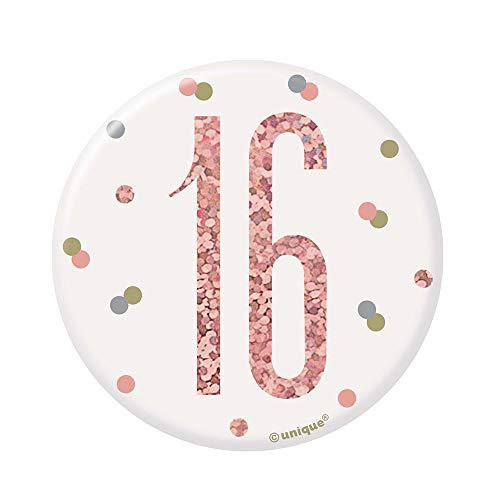 16. Geburtstags-Anstecker - 7,5 cm - Glitzer-Roségold-Geburtstag von Unique