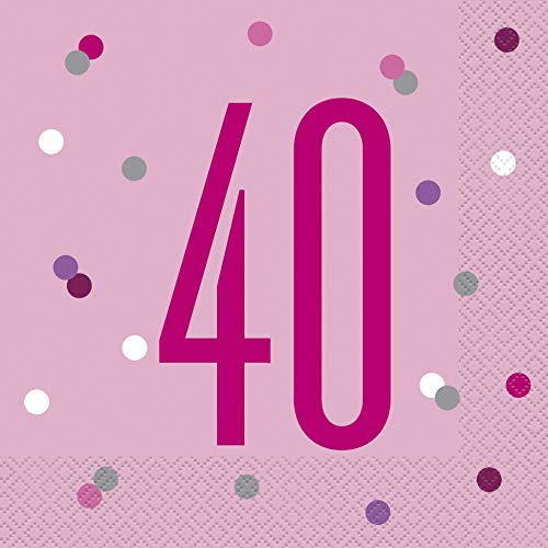 Papierservietten - Zahl 40 - 16,5 cm - Glitzer Rosa & Silber Geburtstag - 16er-Packung von Unique