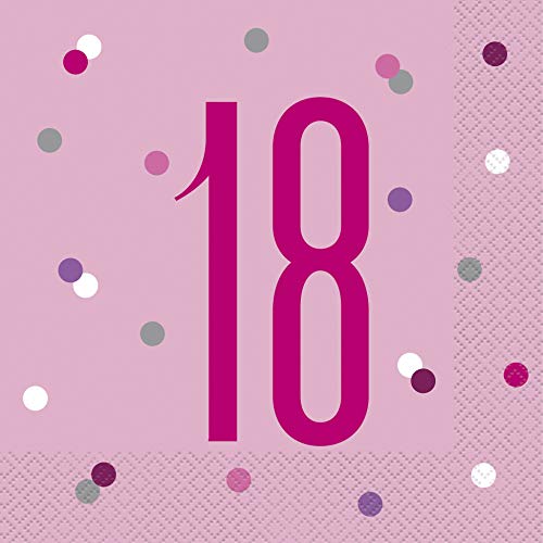 Papierservietten - Zahl 18 - 16,5 cm - Glitzer Rosa & Silber Geburtstag - 16er-Packung von Unique