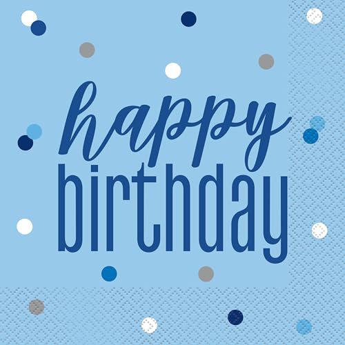 Unique Party Supplies 83592 Papierservietten - 16,5 cm - Glitzer Blau & Silber Geburtstag - 16er-Packung von Unique