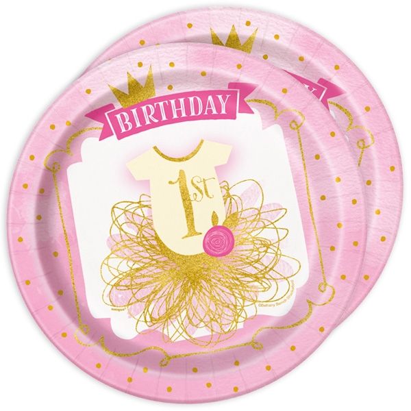 "1st Birthday", Partyteller in pink & gold, 8 Stück, Pappe von Unique