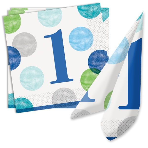 BLUE DOTS Servietten zum 1. Geburtstag, 16 Stk, 33cm x 33cm von Unique