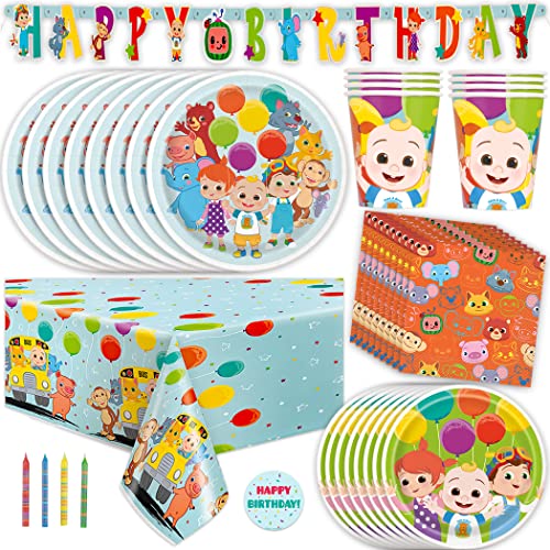 Cocomelon Party Supplies Set | Cocomelon Birthday Party Supplies and Decorations | Serves 16 Guests | With Banner, Table Cover, Plates, Napkins, Cups and Sticker von Unique