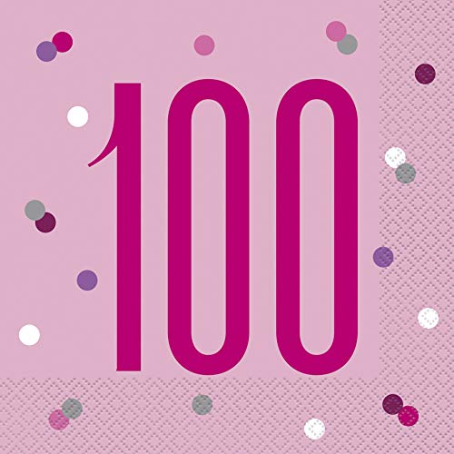 Papierservietten - Zahl 100 - 16,5 cm - Glitzer Rosa & Silber Geburtstag - 16er-Packung von Unique