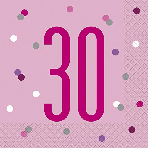 Papierservietten - Zahl 30 - 16,5 cm - Glitzer Rosa & Silber Geburtstag - 16er-Packung von Unique