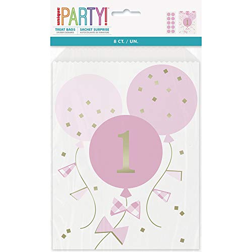 Partytaschen aus Papier - Rosa Gingham 1. Geburtstag - 8er-Pack von Unique