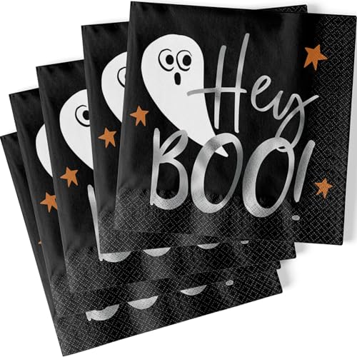 Schwarze Bats & Boos "Hey Boo" Lunch-Servietten mit Folienprägung, 16 Stück, perfekt für Halloween, Themenpartys und den täglichen Gebrauch von Unique