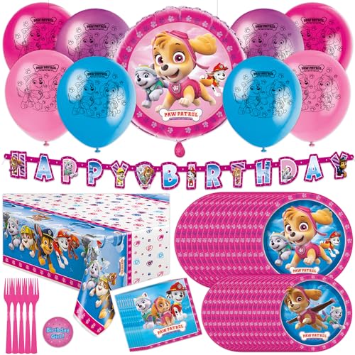 Skye Paw Patrol Geburtstagsdekorationen | Serves 16 | Paw Patrol Luftballons, Banner, Tischdecke, Paw Patrol Teller, Servietten, Gabeln, Aufkleber | Paw Patrol Party Dekorationen von Unique