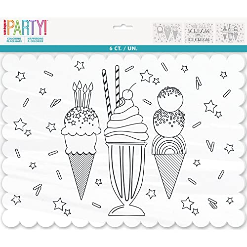 Unique 16759 Tischsets zum Ausmalen – Pastellfarbene Eiscreme, Sommerparty, 6 (1 Stück), Mehrfarbig, Large von Unique