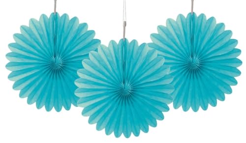 Unique 47168 Mini Fächerdekorationen aus Seidenpapier-15 cm-Blaugrün Farbe-3er-Pack, Teal, 15cm/5.9in von Unique