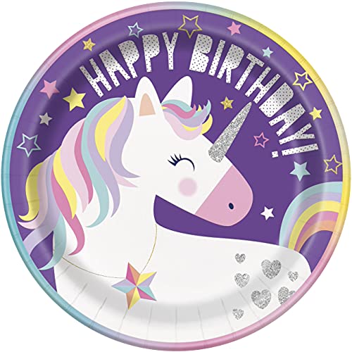 Unique 72495EU Umweltfreundliche Pappteller-23 cm-Einhornparty-Packung mit 8 Stück, Multicolour von Unique