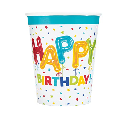 Unique 73106EU Plastikfreie Papierbecher-266ml-Happy Luftballon Geburtstag – 8 (1 Stück), Multicolour von Unique