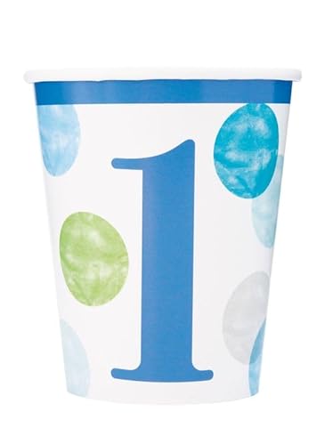 Unique 82181 Pappbecher – 266 ml – Blaue Punkte 1. Geburtstag – 8 (1 Stück), Multicolour von Unique