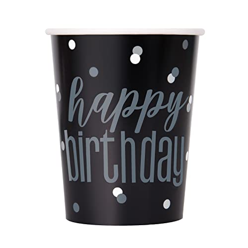 Unique 82221 Papierbecher-266 ml-Glitzer Schwarz & Silber Geburtstag-8er-Pack, Black, Happy Birthday von Unique