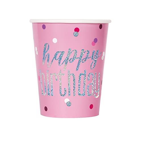 Unique 82248 Papierbecher-266 ml-Glitzerfolie Rosa & Silber Geburtstag-8er-Pack, Pink, Happy Birthday von Unique