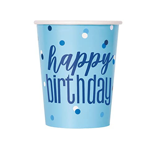 Unique 83598EU - Plastikfreie Papierbecher - 266ml - Glitzer Blau & Silber Geburtstag – 8 Stück (1 Stück) von Unique