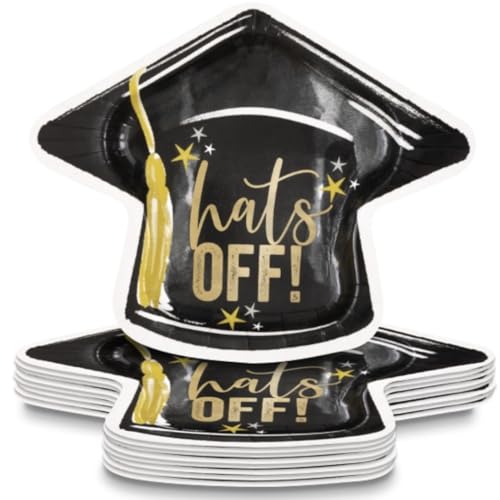 Unique Golden Black Star Graduation Hats Off! Dessertteller in Kappenform, 23,5 cm, Folienprägung, perfekt für Abschlussfeiern und Feiern, 8 Stück von Unique