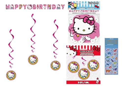 Unique Hello Kitty Birthday Party Supplies Dekoration Bundle enthält 1 Happy Birthday Banner, 3 hängende Wirbeldekorationen, 1 Dinosaurier-Aufkleberbogen von Unique