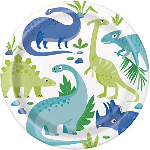 Unique Party Supplies 73885 Pappteller - 23 cm - Blaue & Grüne Dinosaurier-Party - Packung mit 8 Stück von Unique