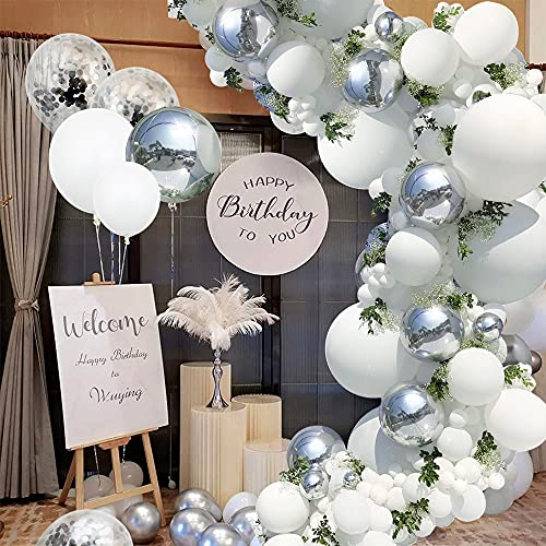 Unisun 125PCs Silber Weiß Ballon Girlanden Set mit riesigen 4D Folienballons Konfetti Ballon DIY Pack für Hochzeit Geburtstag Baby Shower Braut Mädchen Partydekorationen von Unisun