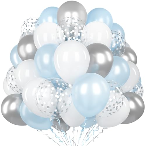 Blaue Weiße Luftballon, 60Stück 12 Zoll Matte Blau Weiß Metallic Silber Latex Ballon Set mit 2 Bändern und Konfetti Ballons für Jungen Männer Geburtstag Baby Shower Jubiläum Gender Reveal Party Deko von Unisun