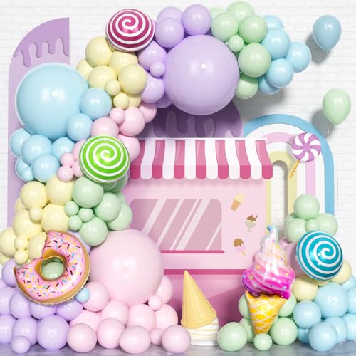 Donut Ballons Girlanden Bogen Set, 151Pcs Pastell Macaron Ballons Bogen Set, Blau Rosa Lila Latex Ballons Mit Süßigkeiten Eiscreme Folien Ballons Für Mädchen Geburtstag Hochzeit Baby Party Dekoration von Unisun