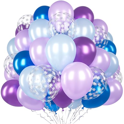 Frozen Luftballon, 60 Stück 12 Zoll Metallic Blau Lila Latex Ballon Set mit 2 Bändern und Schneeflocke Konfetti Ballons für Mädchen Prinzessin Geburtstag Frozen Thema Party Deko Baby Shower Jubiläum von Unisun