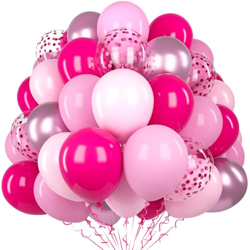 Heiße Rosa Luftballon, 60 Stück 12 Zoll Matte Heiße Rosa Pastell Rosa Latex Ballon Set mit 2 Bändern und Konfetti Ballons für Prinzessin Mädchen Geburtstag Baby Shower Jubiläum Verlobungs Party Deco von Unisun